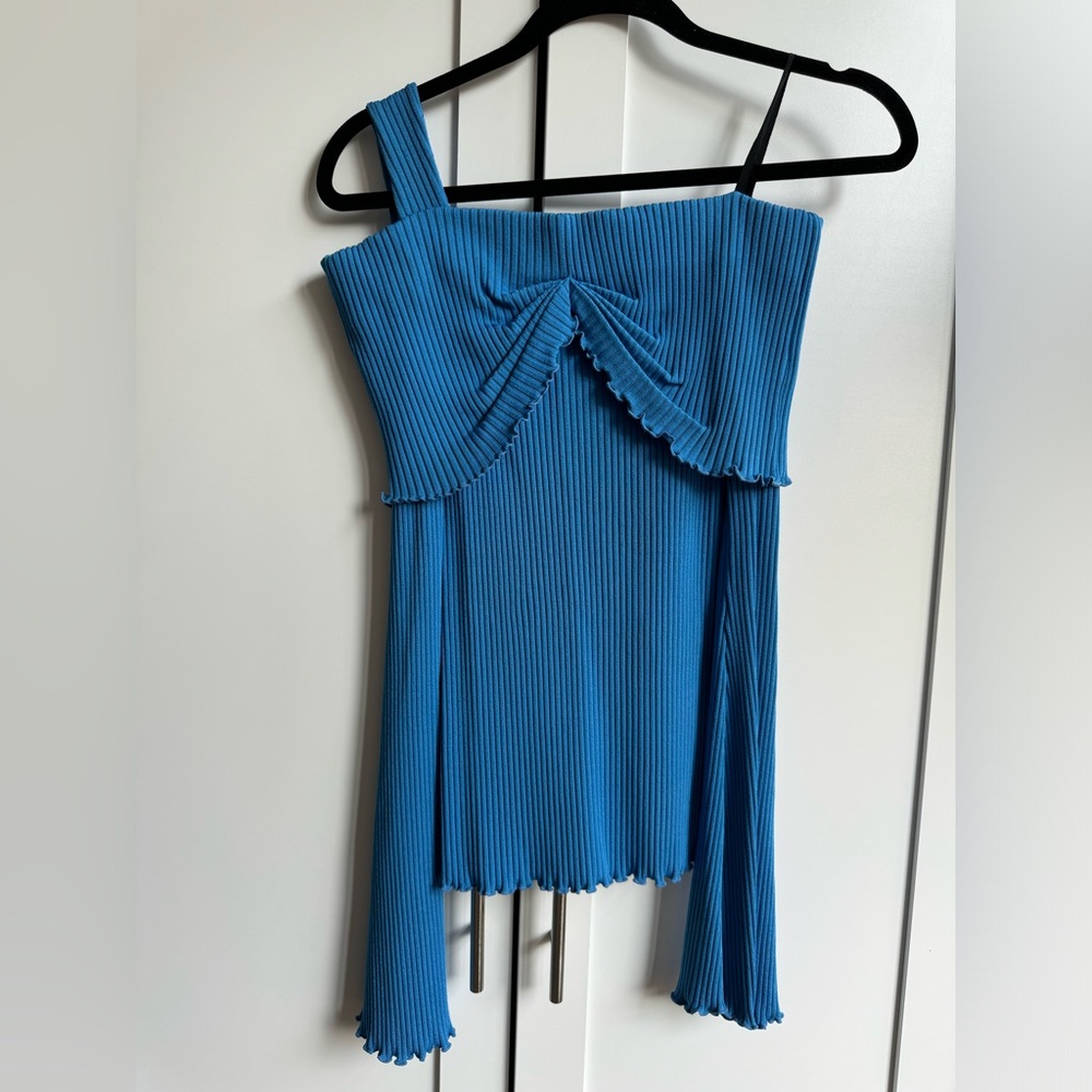 Ellery off the shoulder blue long sleeve ribbed top in size US 2 (AUS 6)